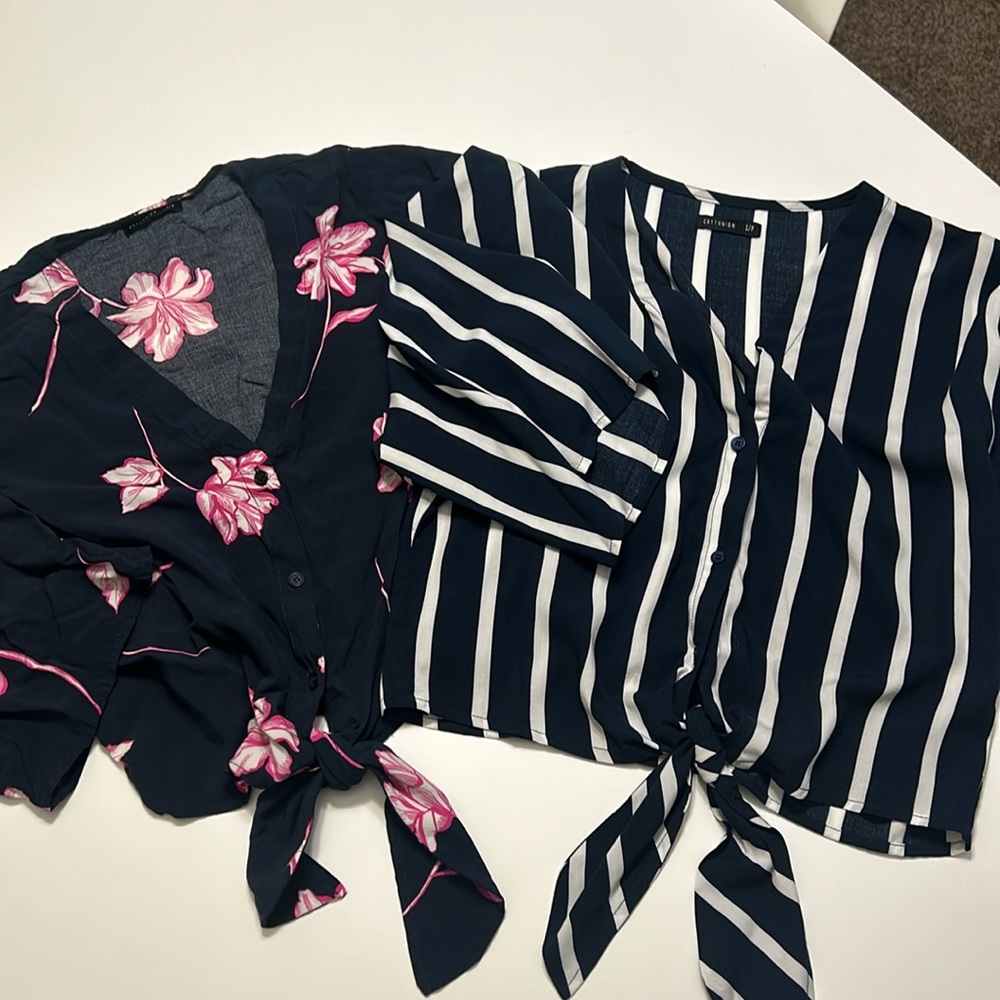 BUNDLE -  two Women’s front knot cropped shirts - size small. Oversized. Blue